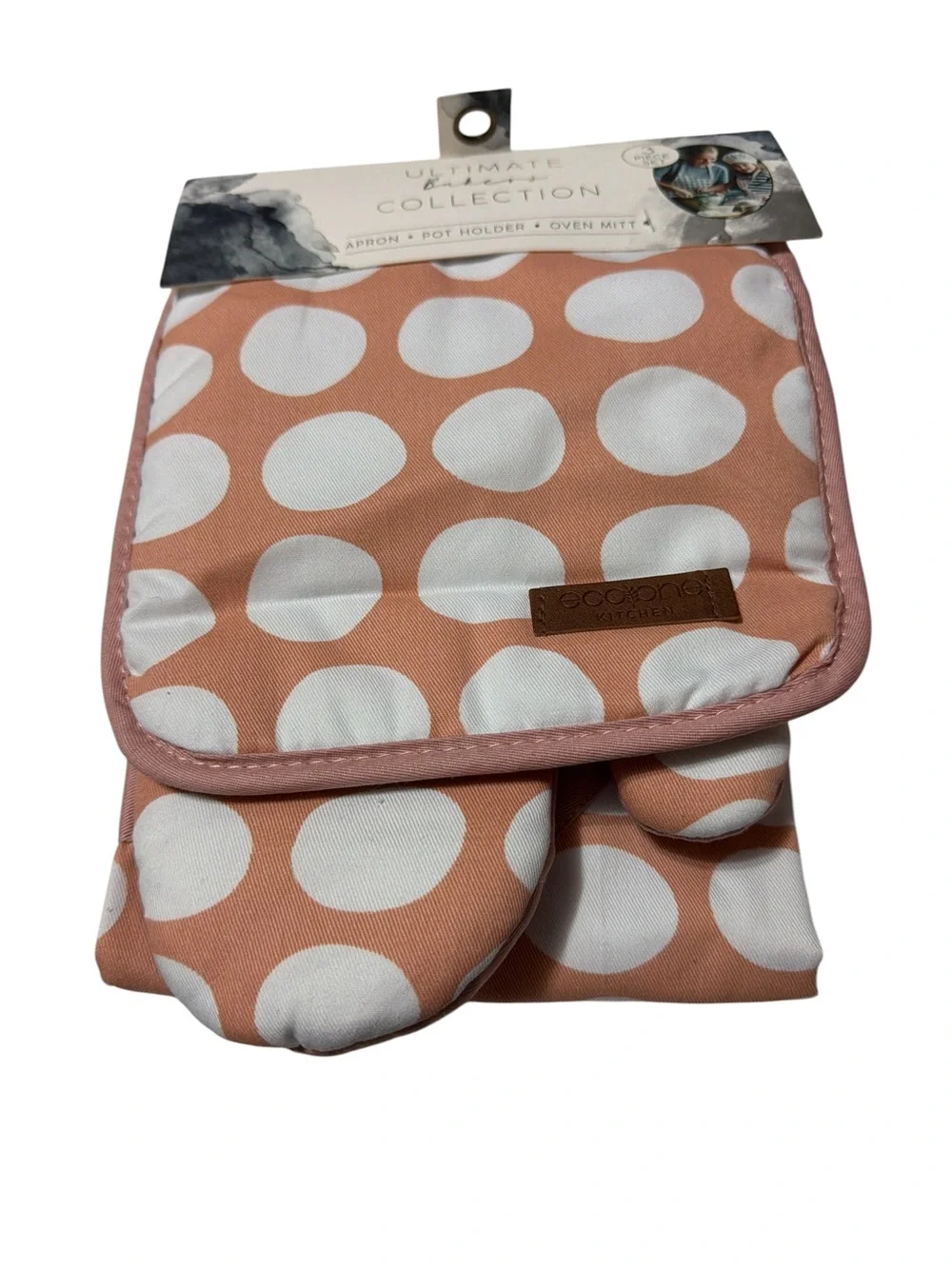 NEW Eco One Kitchen 3-Pc Bakers Set Apron Pot Holder Oven Mitt Peach Polka Dot
